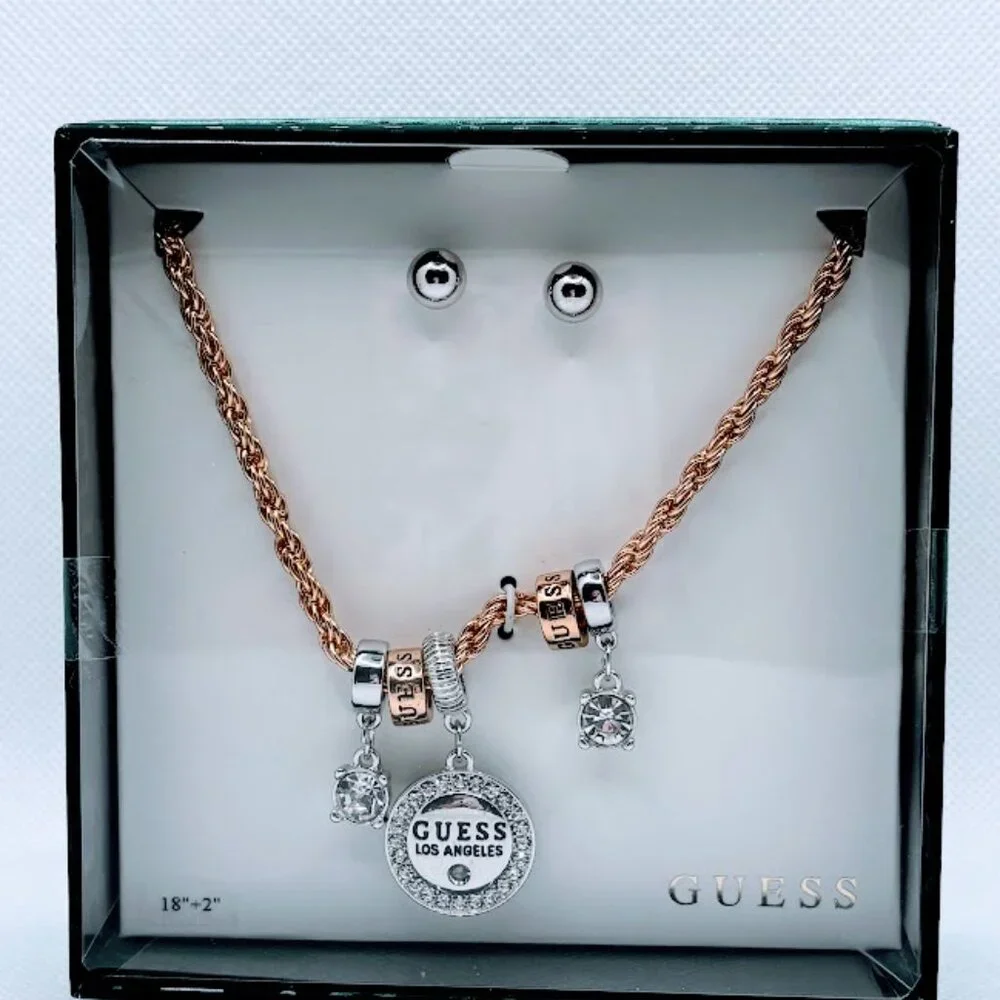 Guess Gift Boxed Set Earrings Necklace With Gold And Silver Tone Charms NWOT - Picture 1 of 5